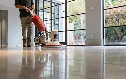 Concrete being polished using our dust-free concrete polishing machines